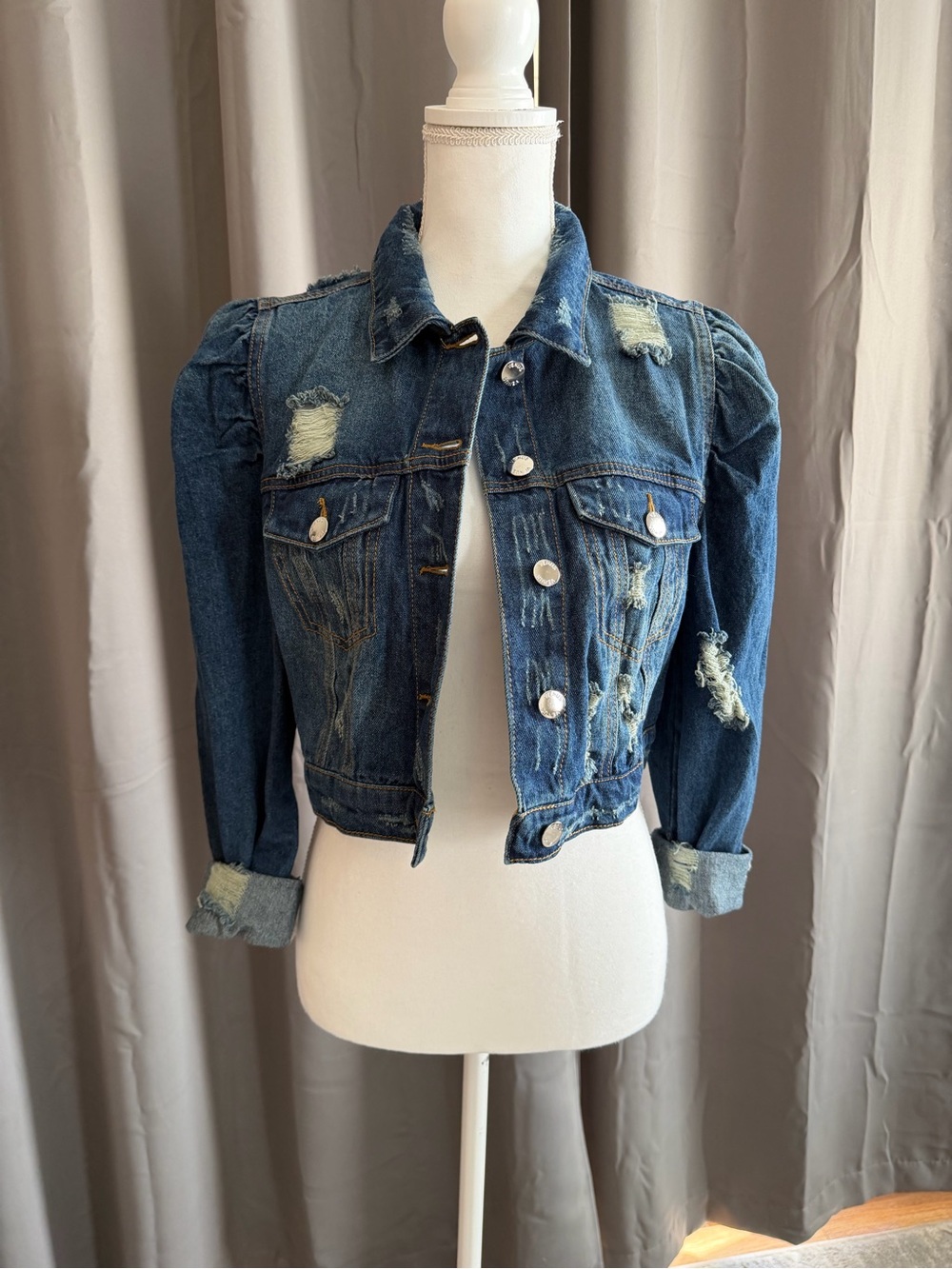 **Like New** Distressed Blue Denim Jacket - Women's Cropped Jean Coat
